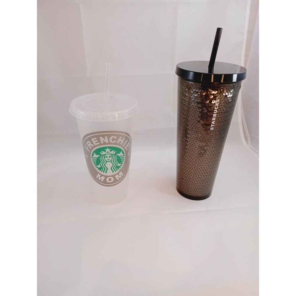 Starbucks Solid Black Sequin Venti Tumbler 24 oz & Custom Frenchie Mom Cold Cup
